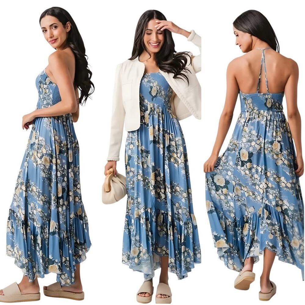 NWT Free People Heat Wave Floral Print Maxi Dress Small Blue